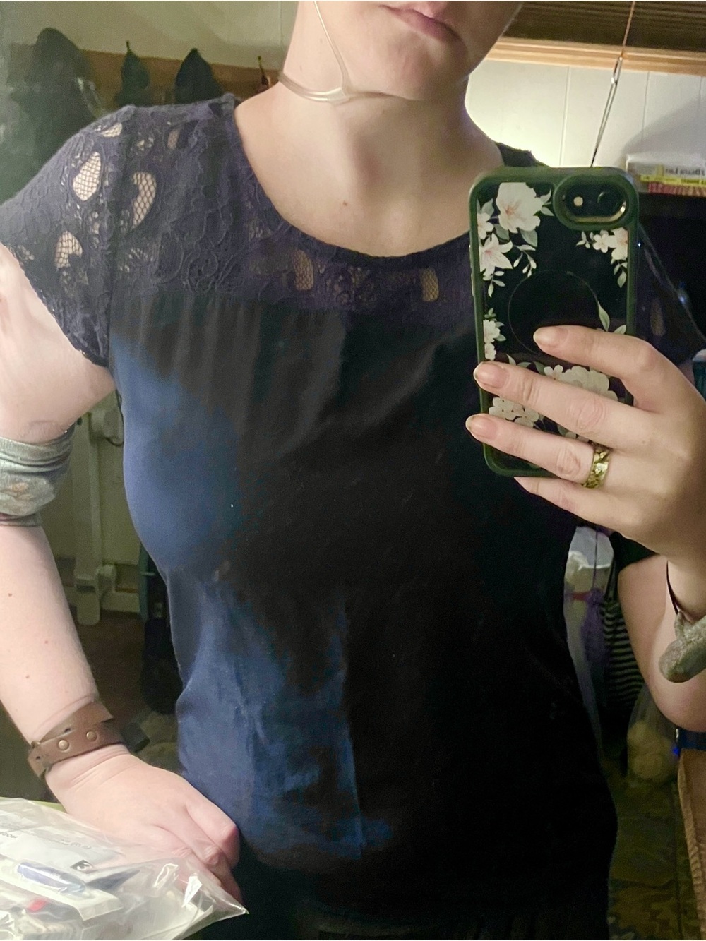 Van Heusen Navy Lace Yoke Short Sleeve Top
